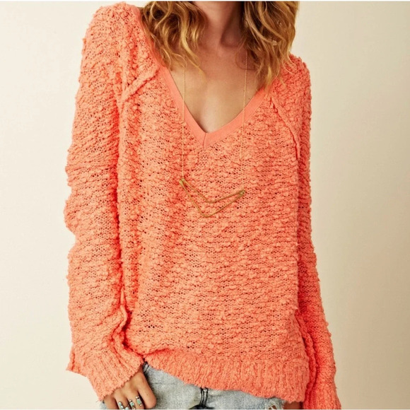 Free People Coral Songbird Deep V-Neck Knit Sweater Size XS - Picture 1 of 6